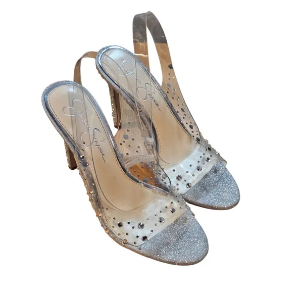Jessica Simpson Silver Clear Glitter Slingback Heels Size 7 - Picture 5 of 14